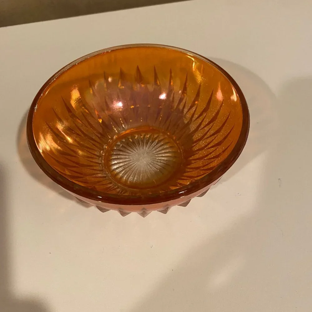 Vintage Pink Carnival Glass Bowl 5” Iridescent Diamond Cut‎ Candy Dish